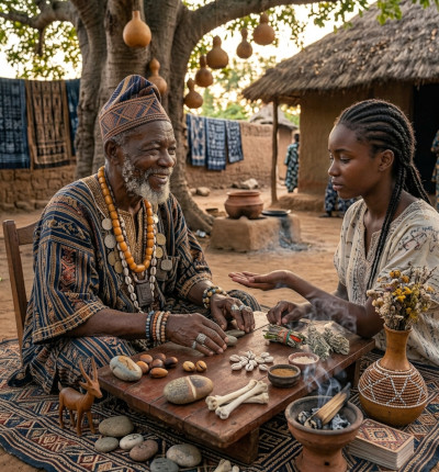 A traditional reading with cowrie shells at an outdoor table